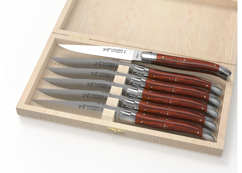 Service de 6 couteaux Laguiole avec un manche en bois de cocobolo et mitres en acier inoxydable