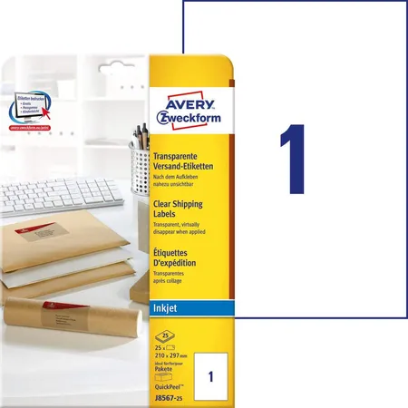 Avery Zweckform J8567-25 Versandetiketten,A4 210 x 297 mm, 25 Bogen/25 Etiketten, transparent
