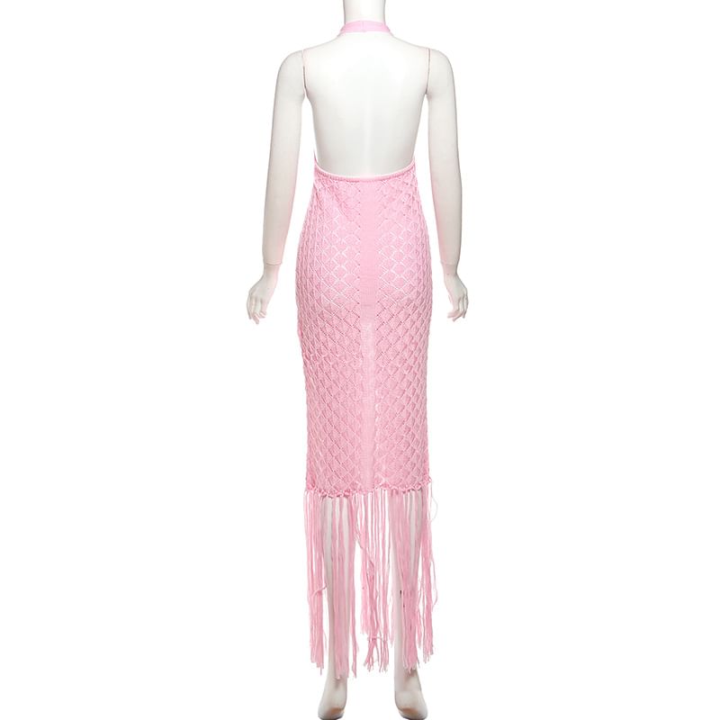 Weaveal - Halter Effen Fringe Brei Maxi Schede Jurk
