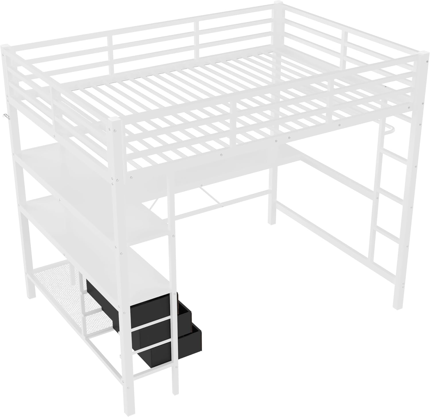Merax Hochbett mit Schreibtisch 140x200 cm, Kinderbett mit Schubladen und Regalen, Bettgestell mit LED-Beleuchtung, Steckdosen & USB - Für Kinder/Erwachsene (Weiß)
