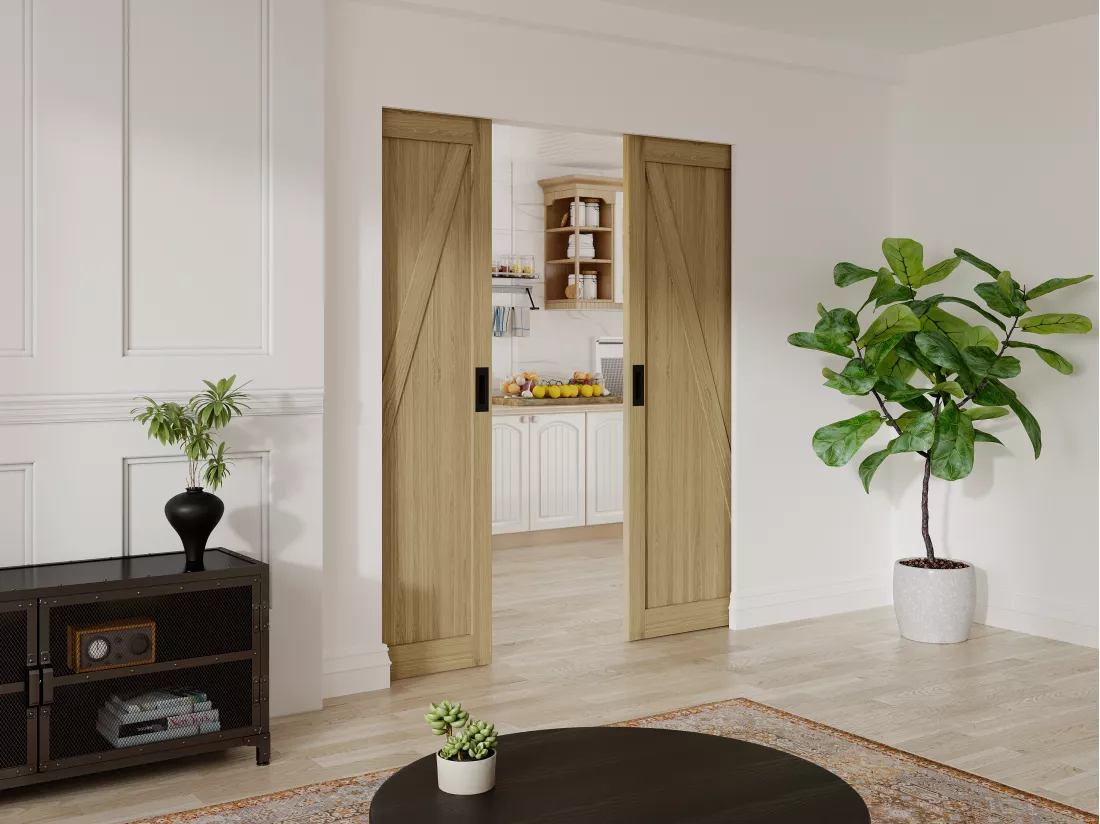 Porte coulissante double avec système à galandage en bois et MDF - Naturel clair - 2 x H205 x L93 cm - BALERMA