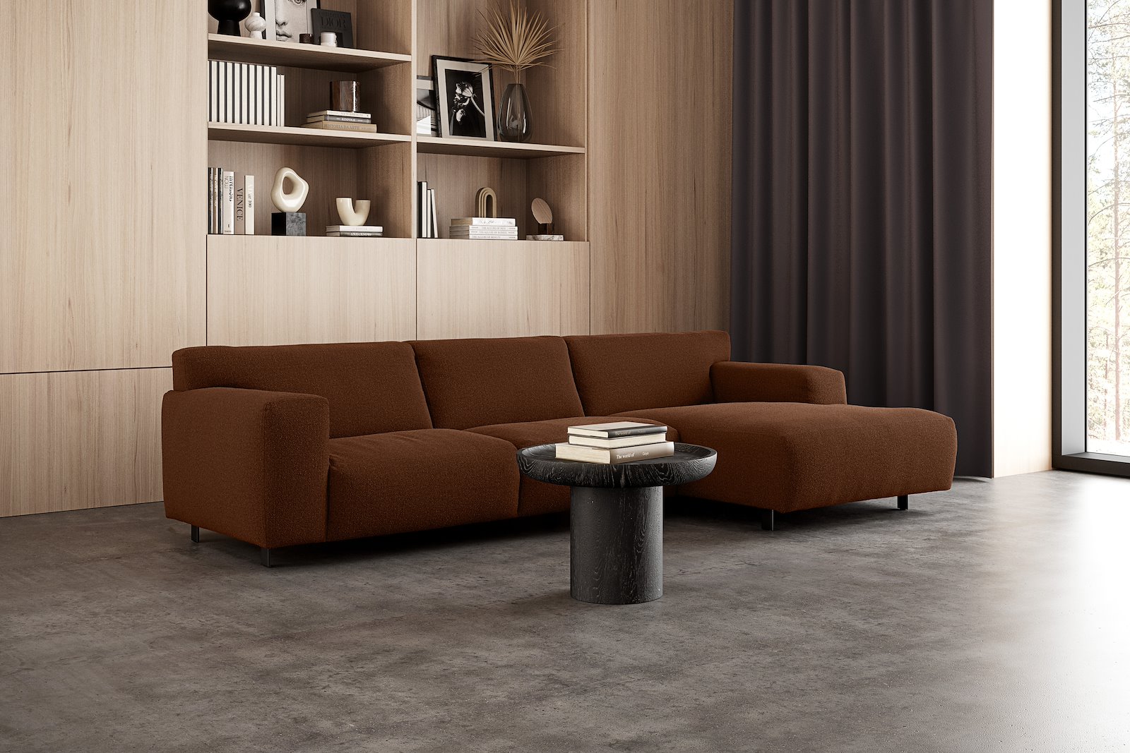 Vesta 2,5-seter med sjeselong høyre I Tekstil Gianni Bronze, standardsøm, sort metallben 10 cm, Comfort CM