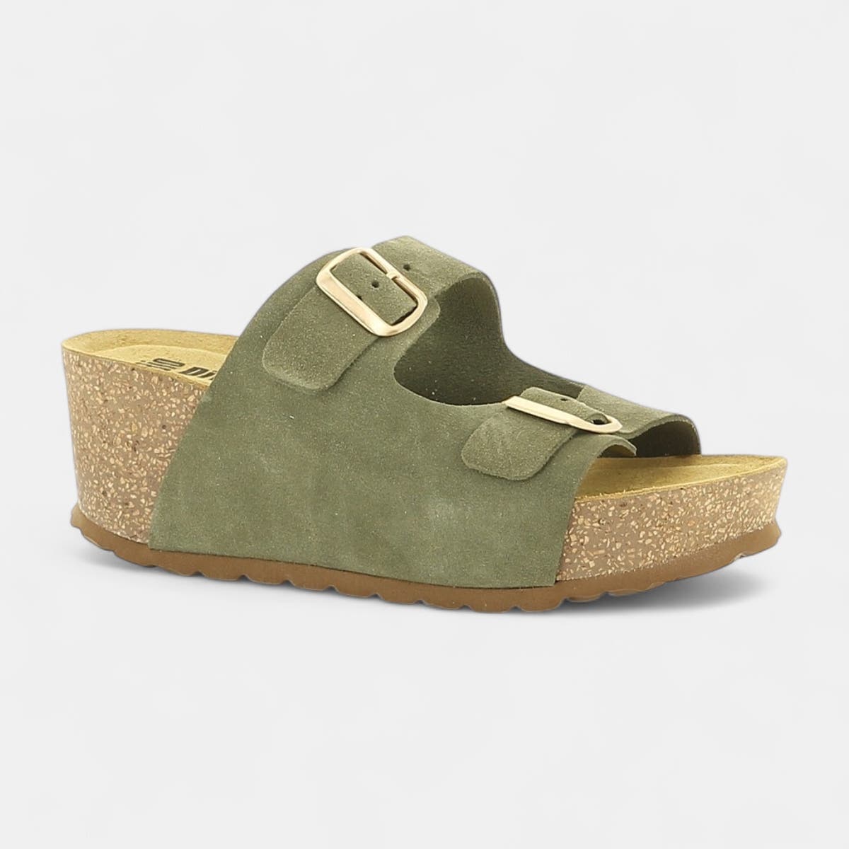Mules semelle liège à talon compensé Femme en cuir kaki