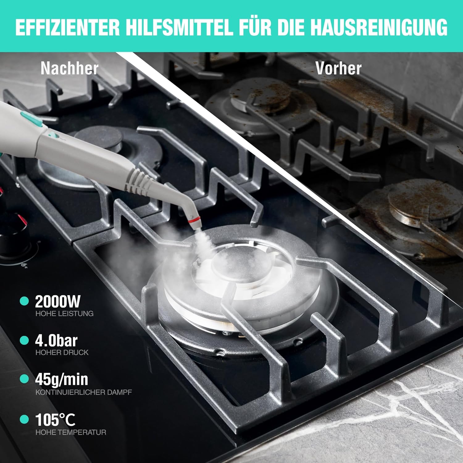 HAUSHOF Dampfreiniger 2000W, mit 1,5L Tank, max. 4,0 bar Dampfdruck, Aufheizzeit 8 Min, Dampfzeit bis zu 30 Min, inkl. 16 Zubehör & 3m Netzkabel, für Boden, Teppich, Fenster & Küche, Weiß-Grün