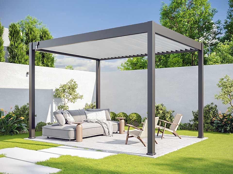 Pergola bioclimatique 3x4m - eclipse 12m² - gris - autoportee - aluminium - lames en acier galvanisé - lames orientables de 0 à 120°