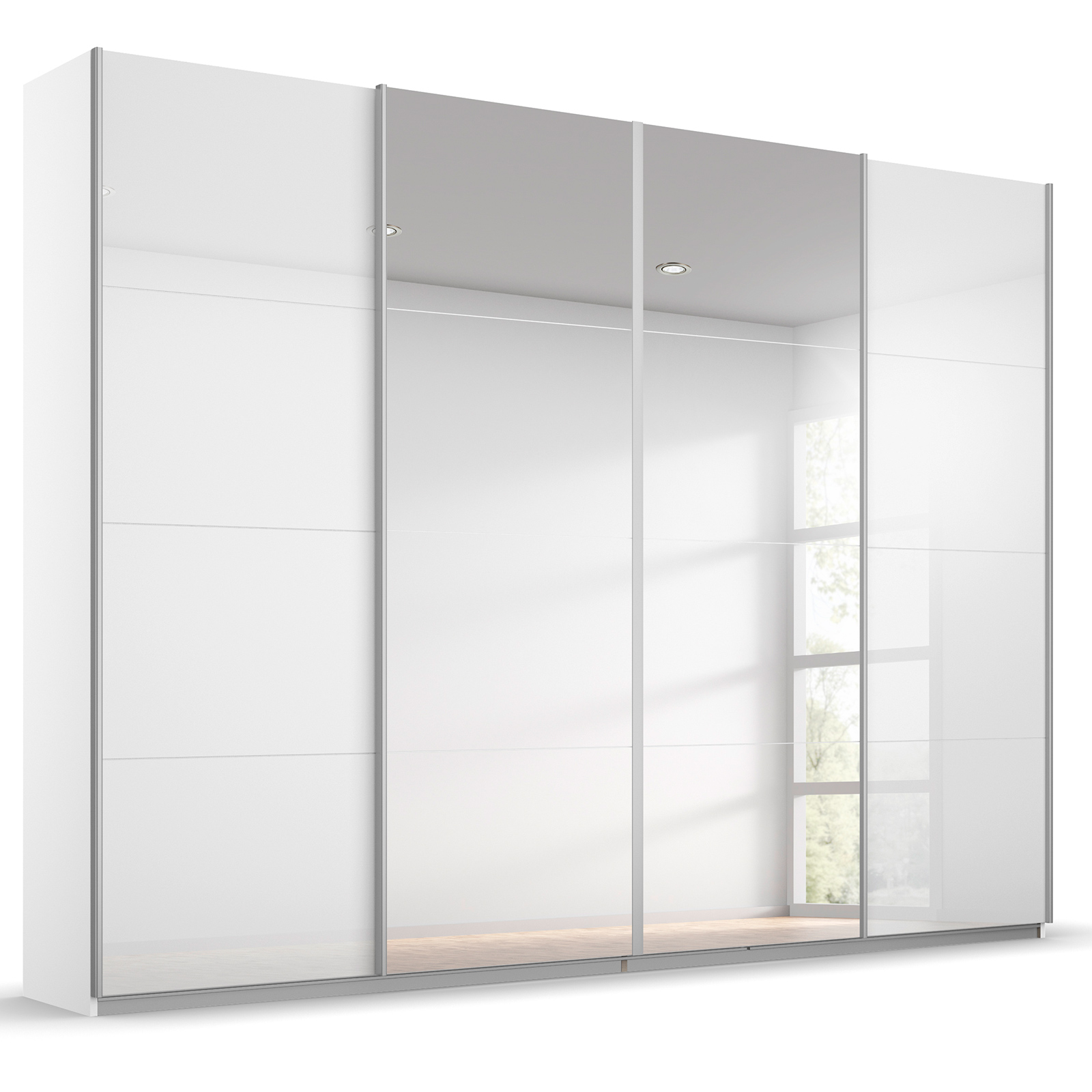 Schwebetürenschrank - Alpinweiß - 2 Glastüren - 2 Spiegeltüren - 271x231 cm