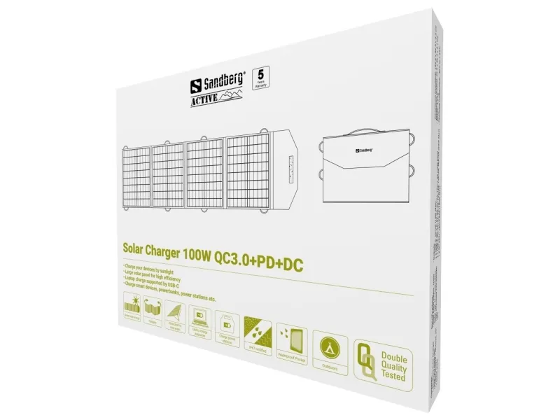 Sandberg - Sollader - 100 Watt - 3 A - QC 3.0 - 4 output-stikforbindelser (24 pin USB-C, 2 x USB, DC jackstik 5,5 x 2,1 mm)