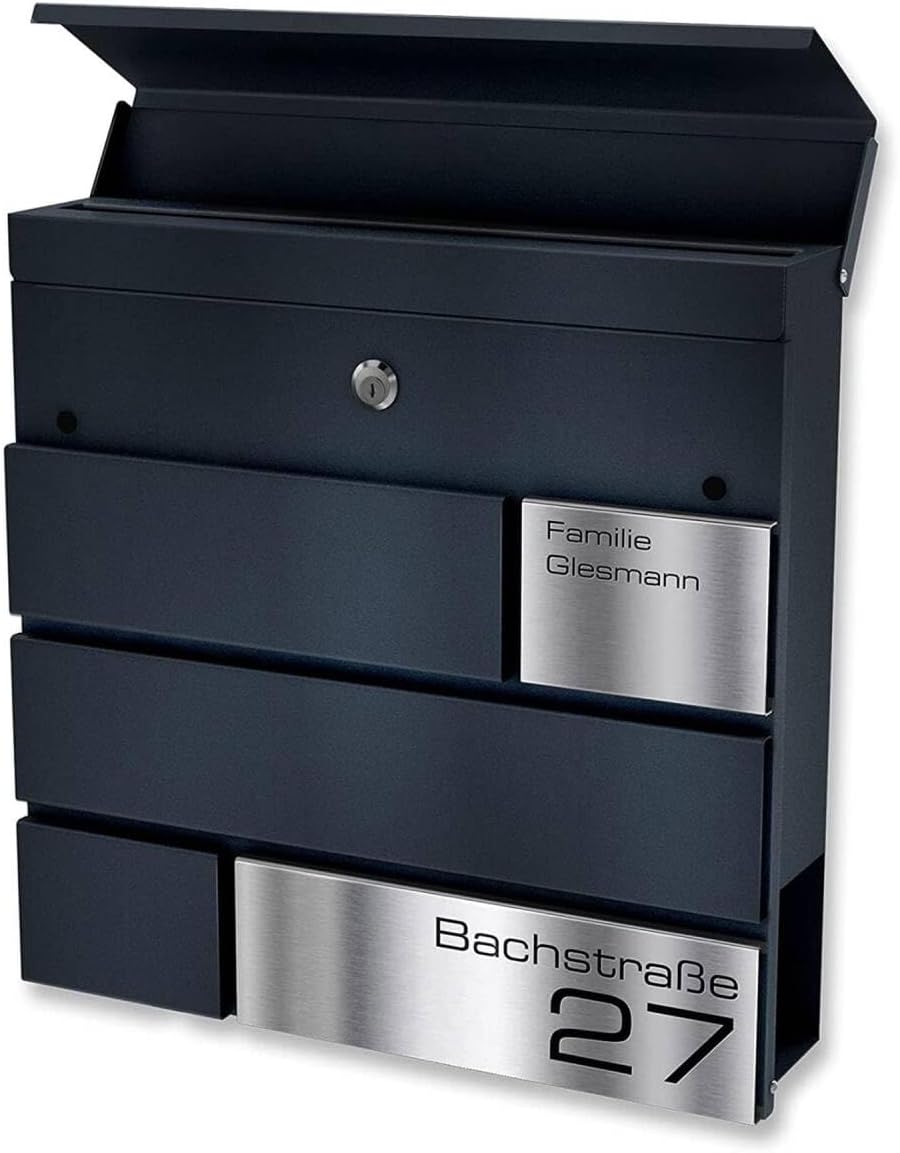 Metzler Briefkasten in Anthrazit Modell G - Pulverbeschichtung in RAL 7016 Feinstruktur Matt - Postkasten mit Gravur und Edelstahl Namensschild - Zur Wand-Montage - Größe: 37 x 37 x 10,5 cm