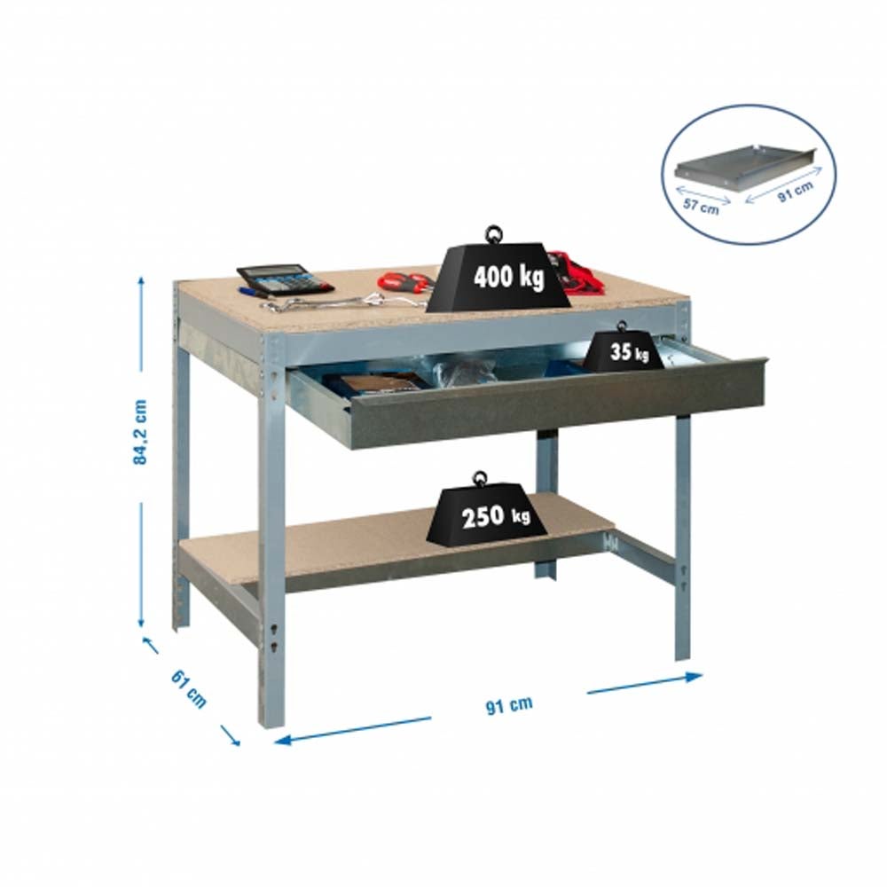 PROREGAL Buffalo werkbank met lade, afmetingen (H x B x D): 84 x 90 x 61 cm, draagvermogen: 400 kg, grijs