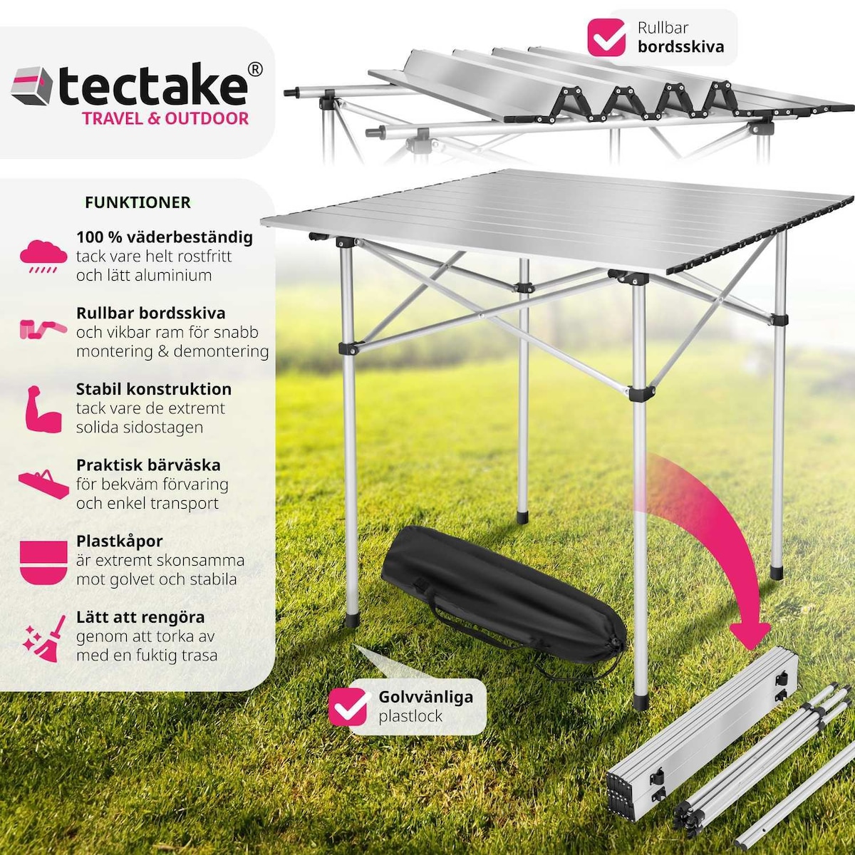 Aluminium campingbord sammenleggbart 70 x 70 x 70 cm - grå