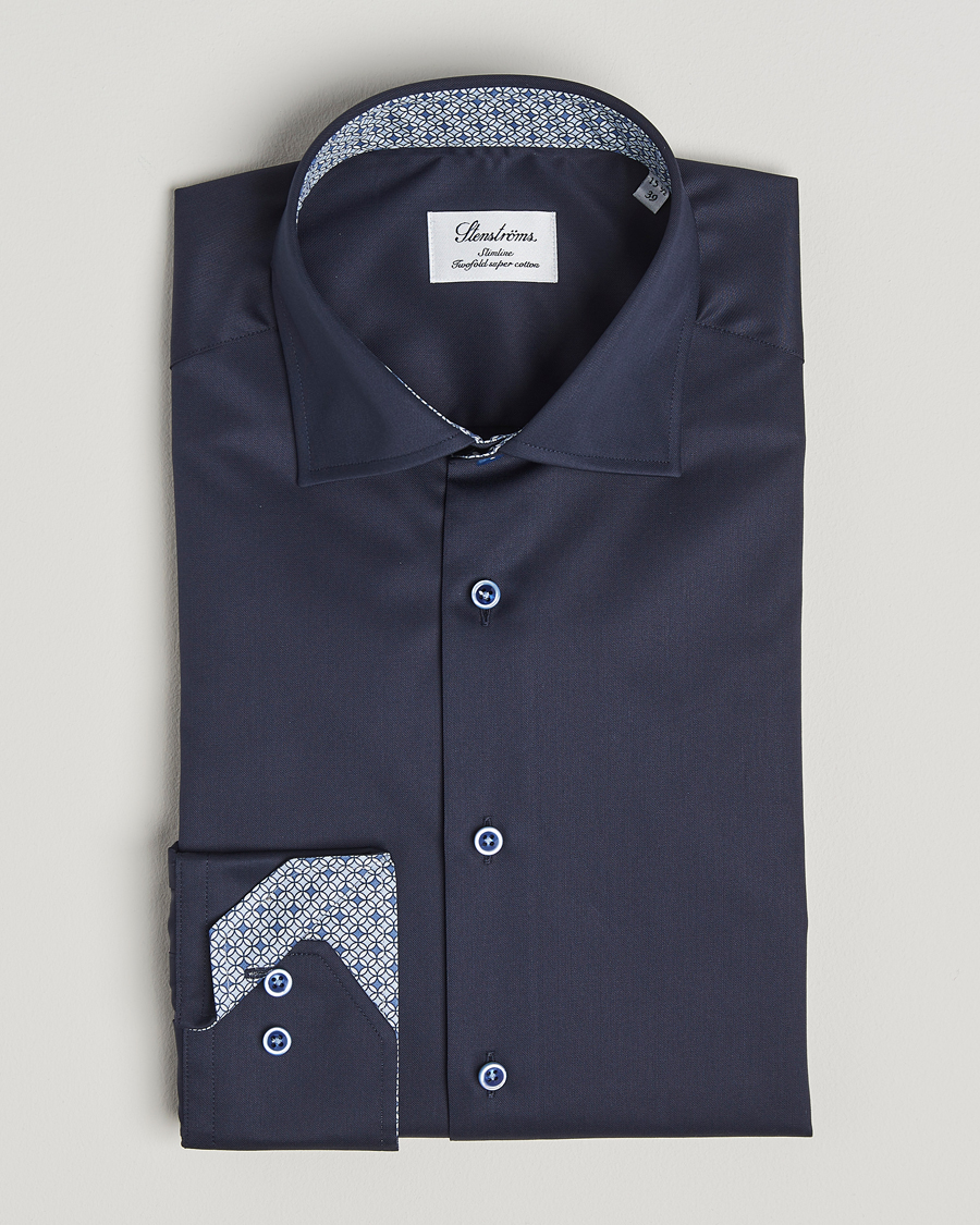 Stenströms Silmline Contrast Cotton Twill Shirt Navy