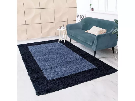 Tapis poils longs shaggy Ø200cm rond tissé bleu et bleu foncé motif simple