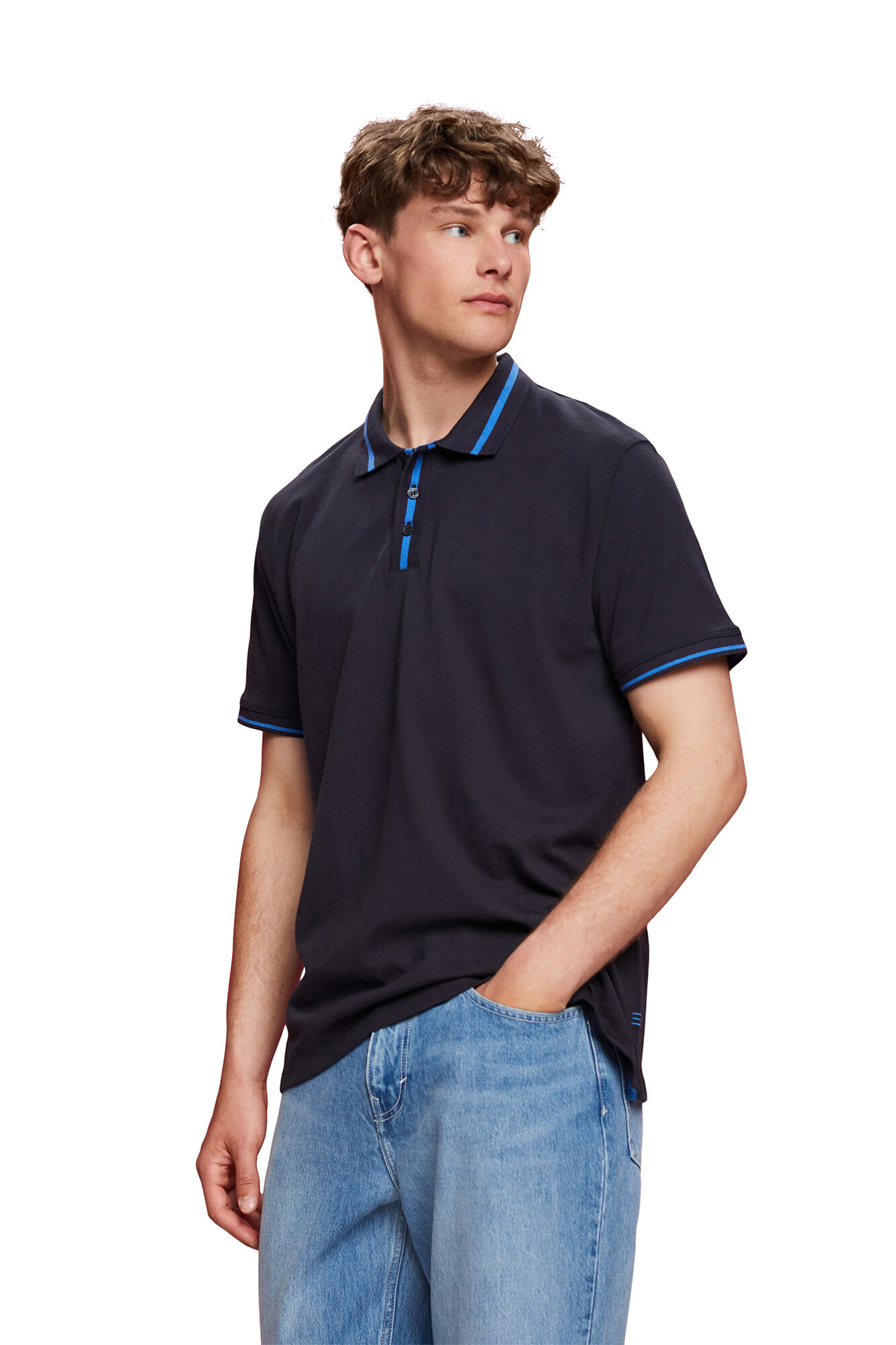 Camisa polo lisa de corte regular em linho - Azul marinho