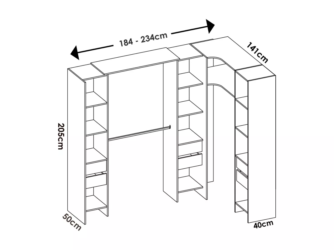 Kit armoire dressing d'angle extensible en bois mélaminé chêne naturel - Longueur 164-234 x Profondeur 141 x Hauteur 205 cm
