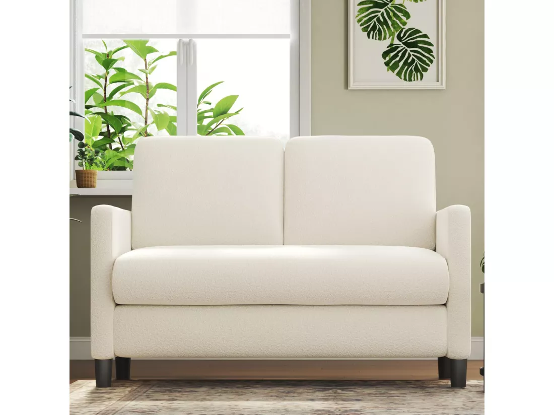 Canapé 2 places confort en Velours Teddy beige, avec assise profonde de 55cm et accoudoirs - 128x78x89cm