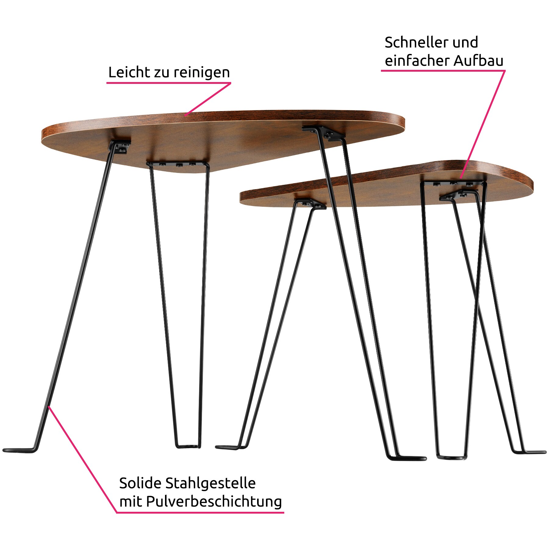 tectake® 2er Set Beistelltische, Industrial Style, dreiseitige Tischplatten mit abgerundeten Ecken, stapelbar