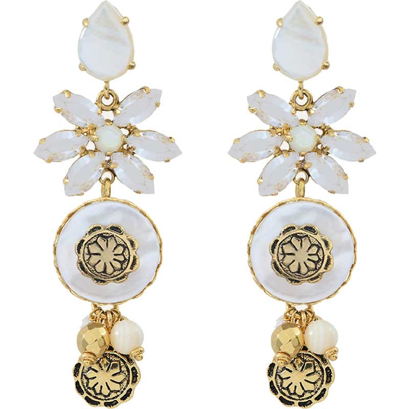 Boucles d'oreilles Amazones - Métal doré, nacre & cristaux Swarovski