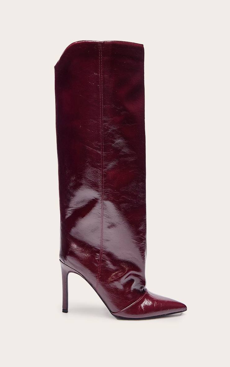 Rouge Bordeaux Bottes Au Genou Froncées En Cuir Verni Froissé