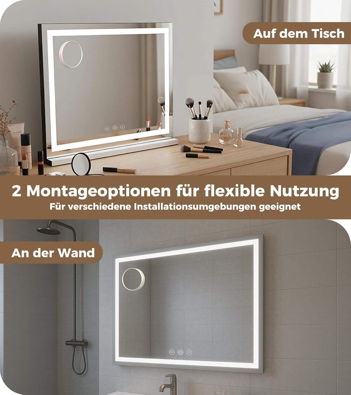 Schminkspiegel mit Beleuchtung 80x60cm, LED Kosmetikspiegel mit 3 Lichtmodi, Dimmbar, 10X Vergrößerung & USB-Anschluss, ideal für Schlafzimmer & Schminktisch (Lichtband 80×60cm)