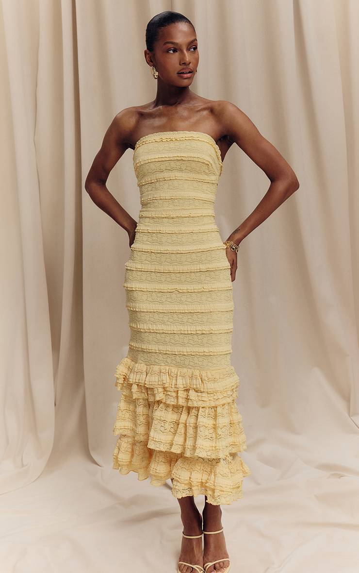 Citron Robe Mi-longue À Volants Superposés En Dentelle Texturée