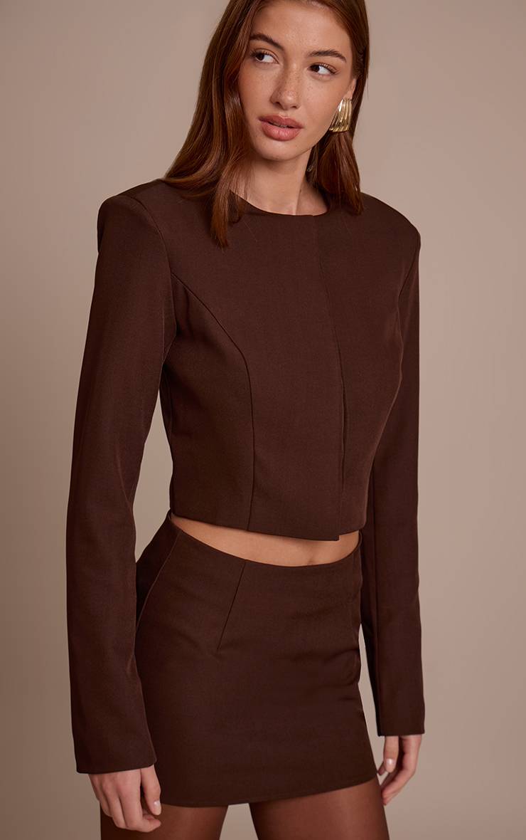Marron Foncé Blazer Court Ajusté En Tissu Tissé Ensemble Coordonné