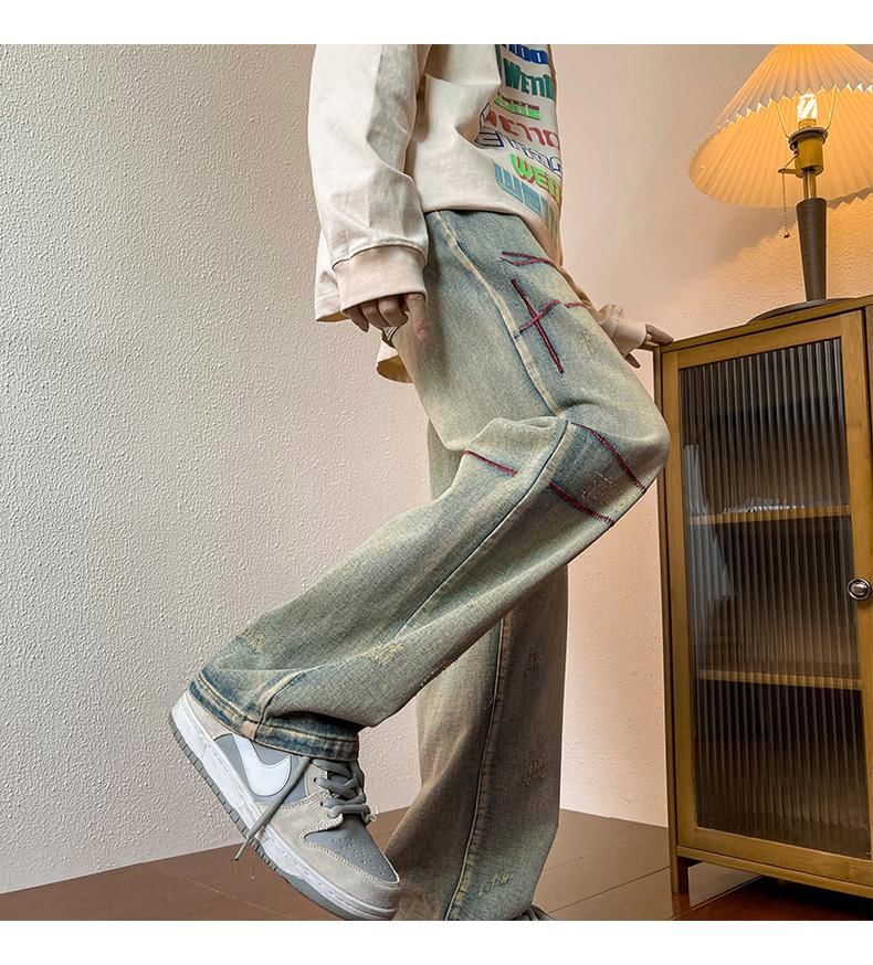 Nightbell - Mid Rise Distressed Washed Loose Fit Jeans