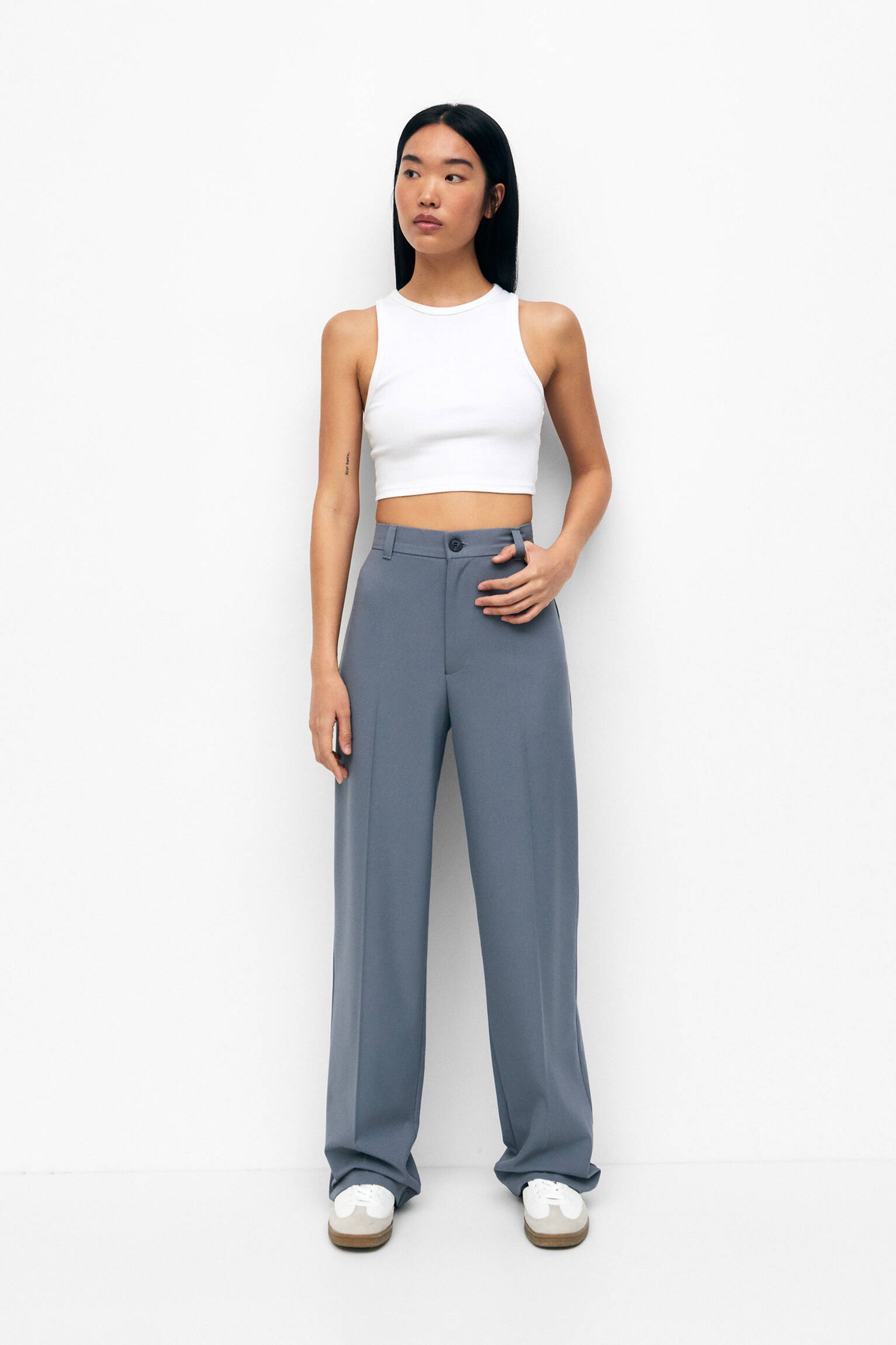 Calça social de corte reto - cinza azul