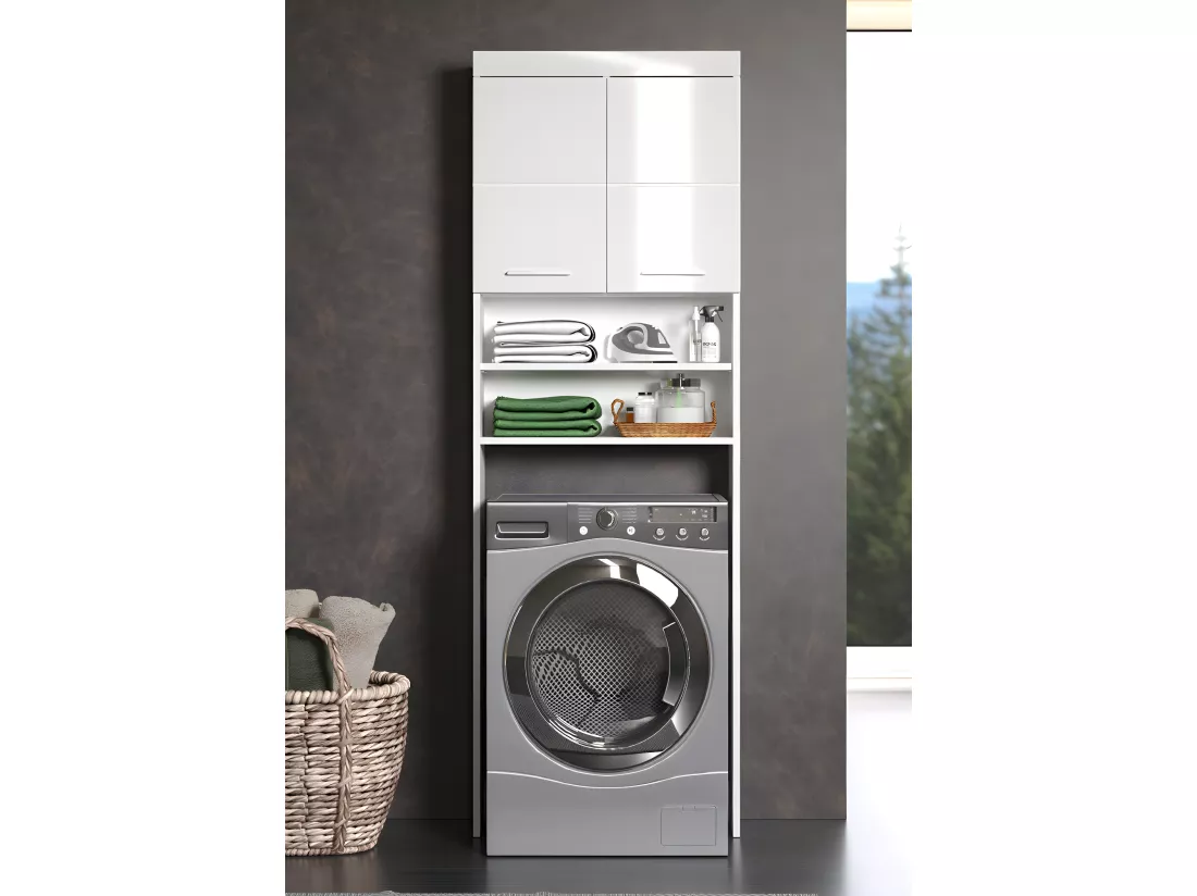 Meuble de rangement spécial de machine à laver ou WC coloris blanc brillant, blanc mat