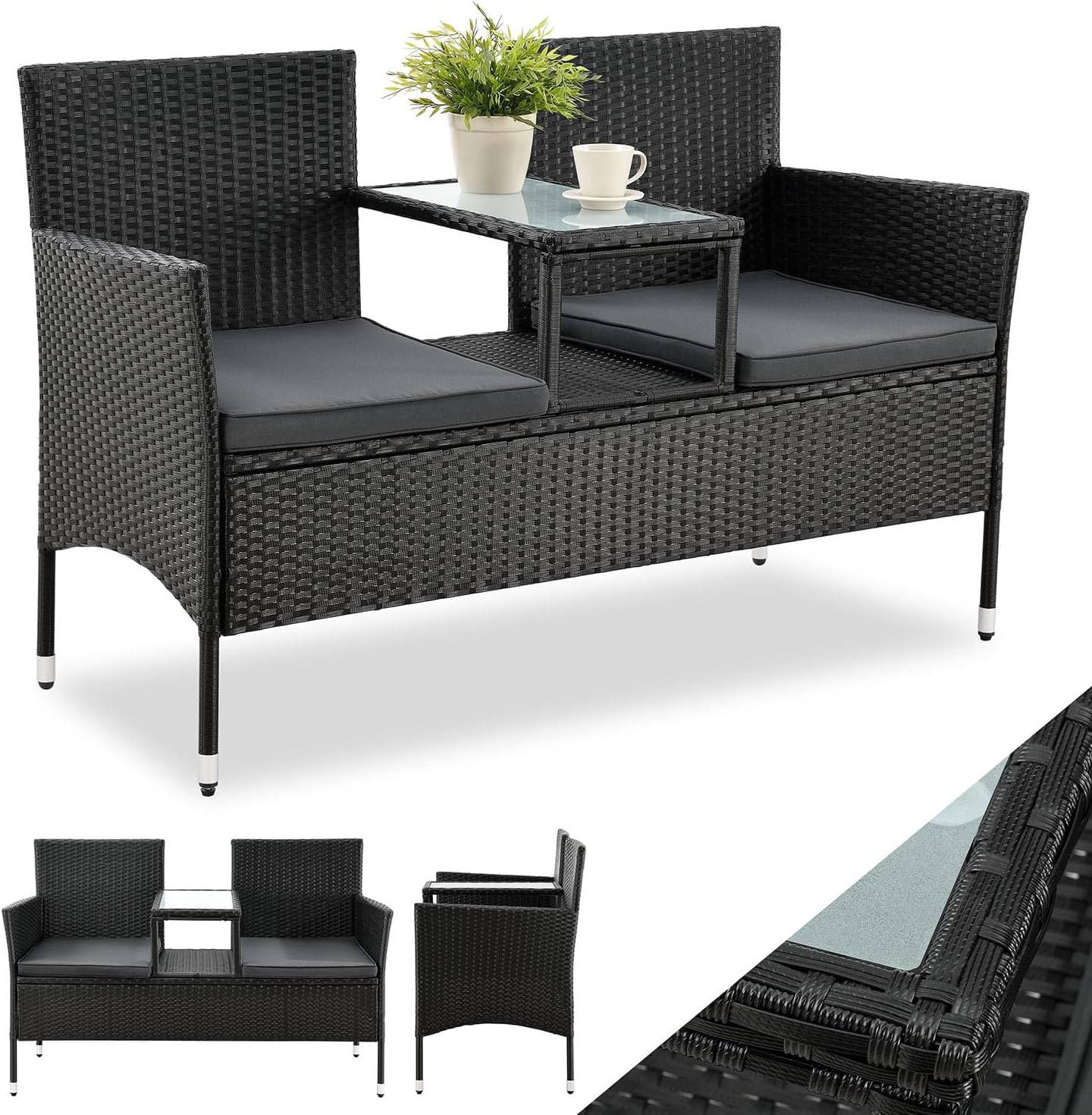 Juskys Polyrattan Gartenbank Monaco - 2-Sitzer Bank mit Tisch & Kissen - 133x63x84 cm - Rattan Sitzbank wetterfest Garten Balkon - schwarz