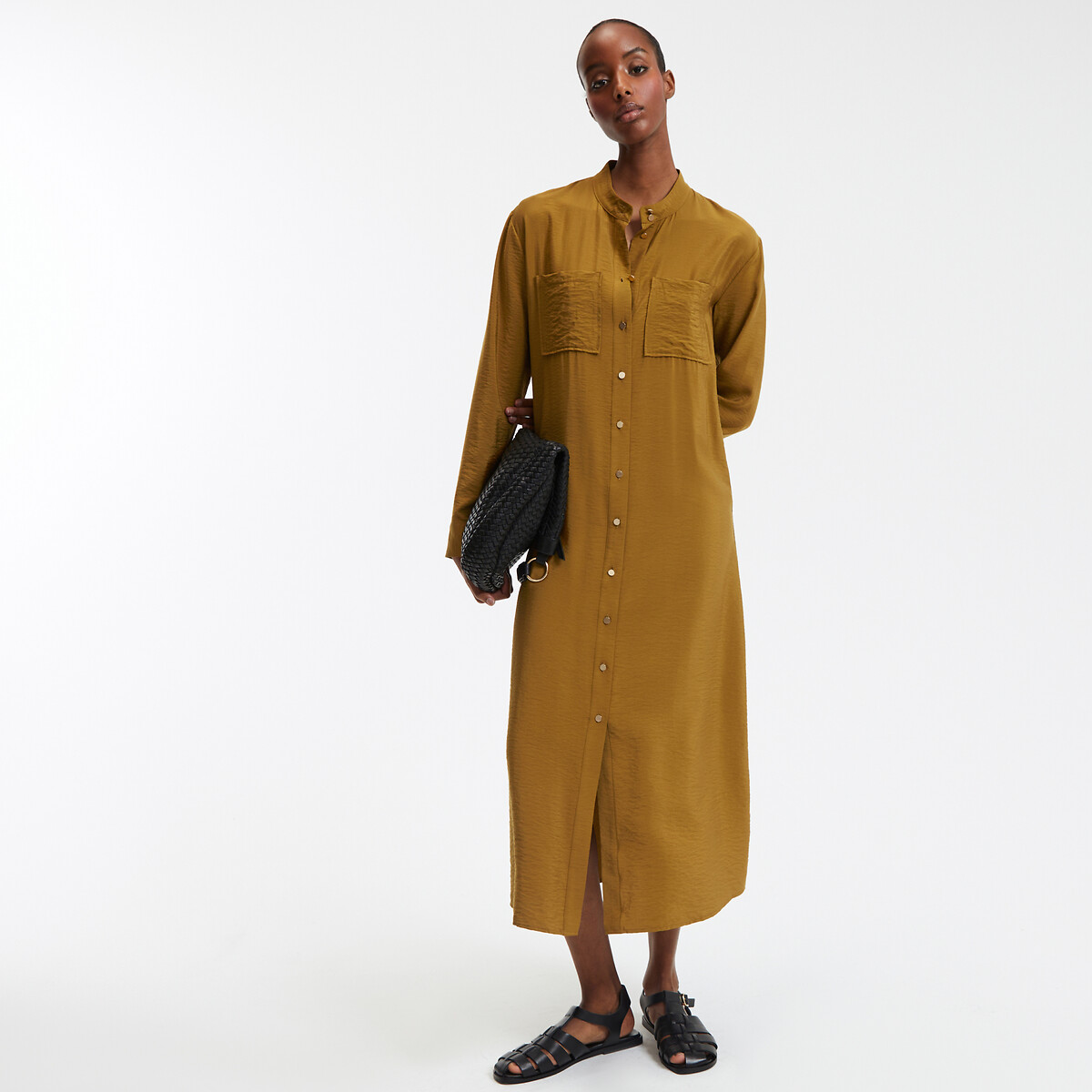 COLEÇÃO LA REDOUTE<br>Vestido longo reto com cinto e gola mandarim