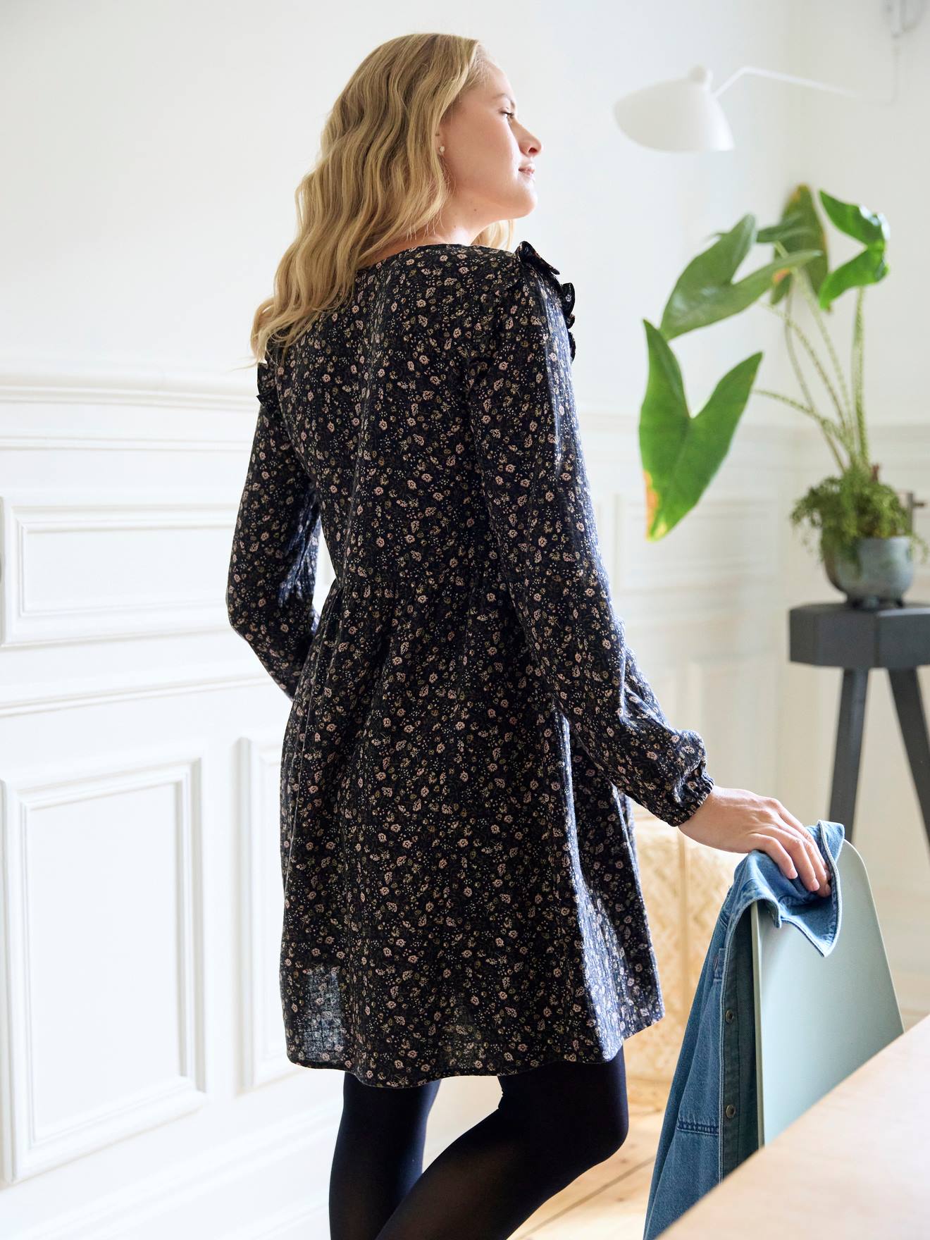 Vestido curto de chiffon de algodão para gestantes e lactantes, preto.