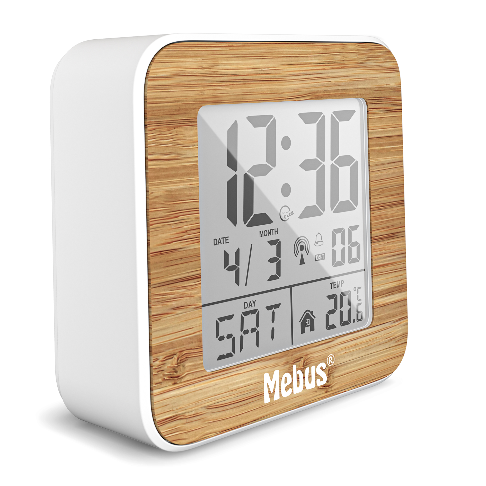 Funk-Wecker digital - weiß-Holzoptik - Innenthermometer