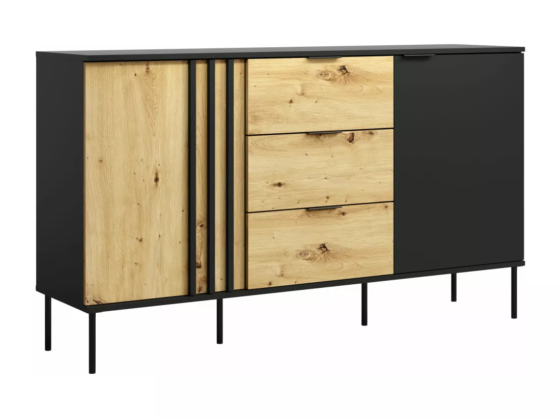 Buffet avec 2 portes et 3 tiroirs - Noir et naturel - TUNALO