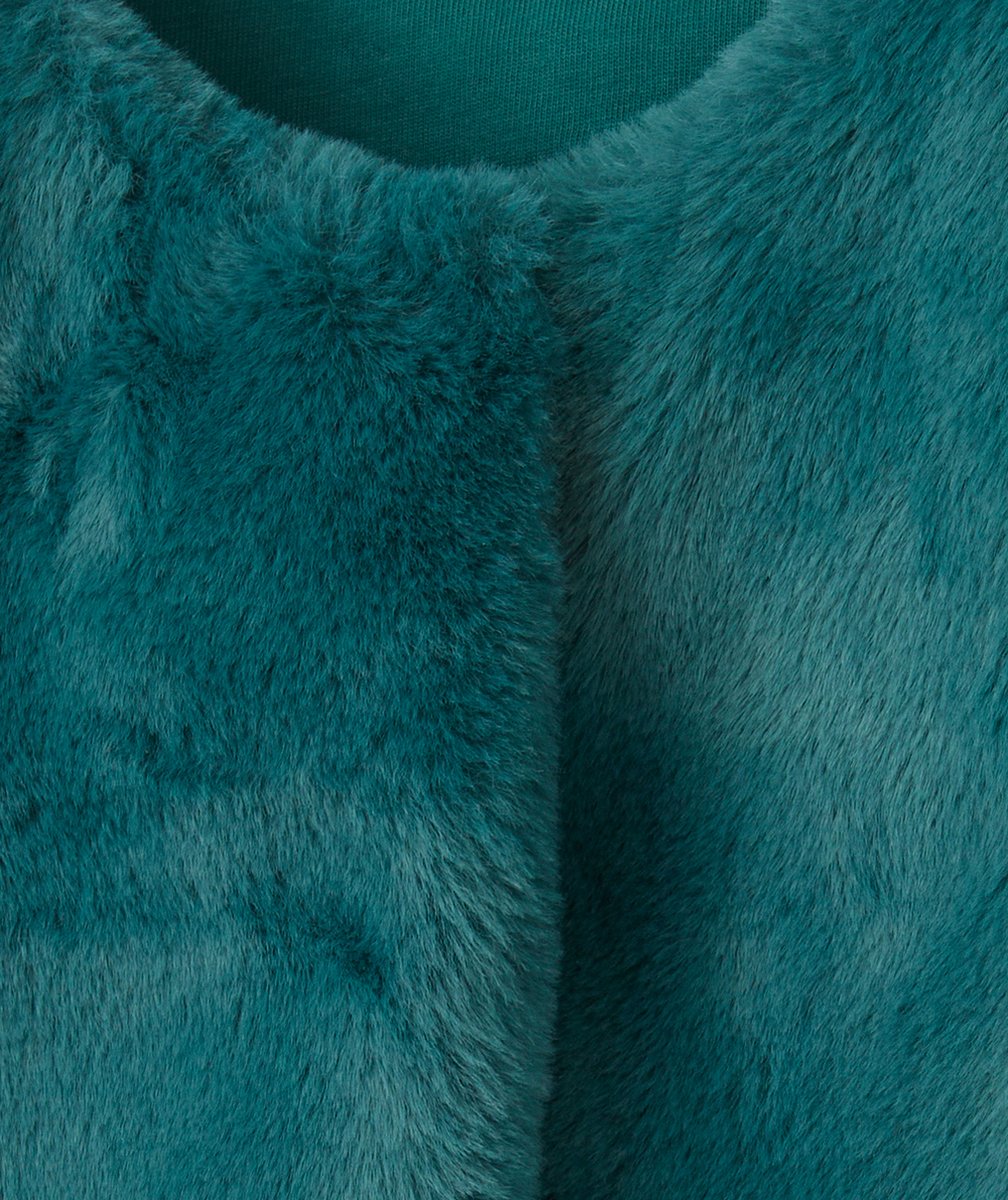 CARDIGAN SANS MANCHES BÉBÉ FILLE EN REMBOURRAGE RECYCLÉ ET IMITATION FOURRURE VERTE