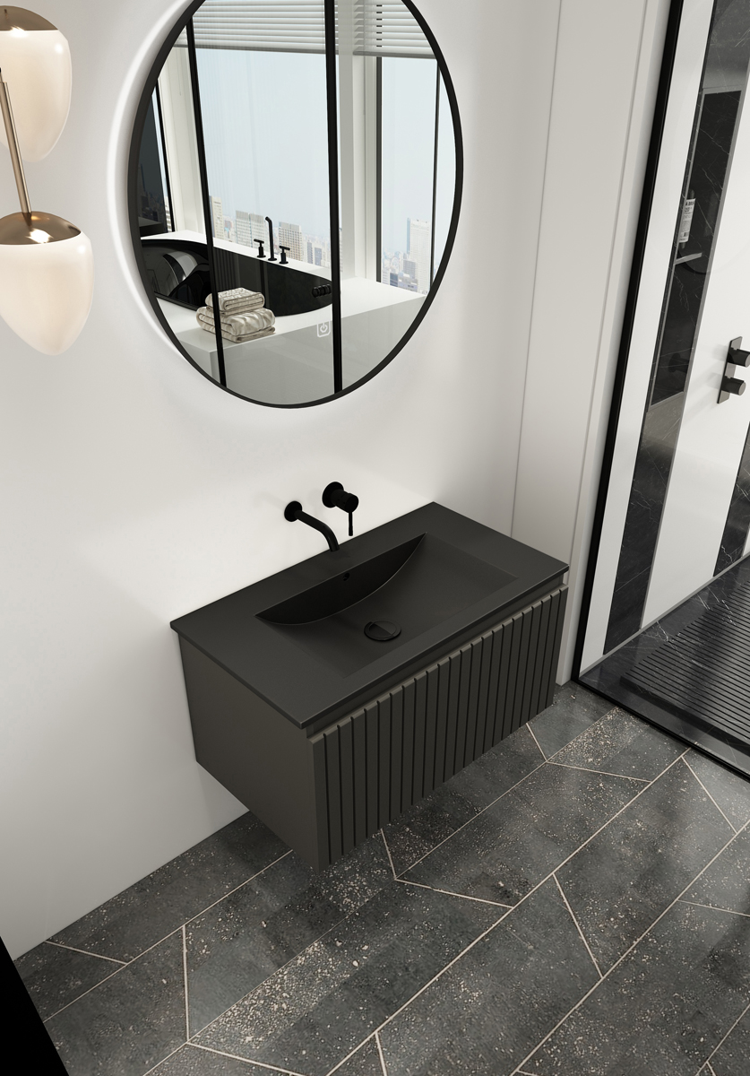 Fontana Lento zwart badmeubel ribbelfront 80cm met zwarte wastafel zonder kraangat en ronde spiegel