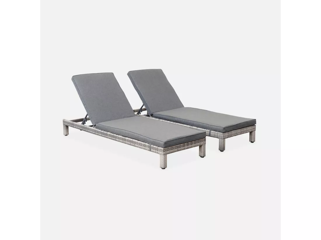 Set de 2 bains de soleil en résine tressée (transat) - Pisa x2 - nuances de gris. Coussins gris chiné