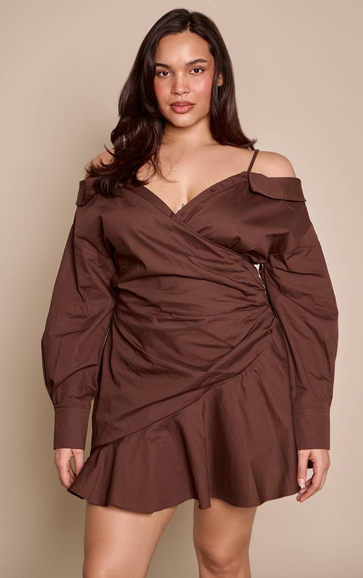Chocolat Robe Chemise Asymétrique Grande Taille À Épaules Dénudées