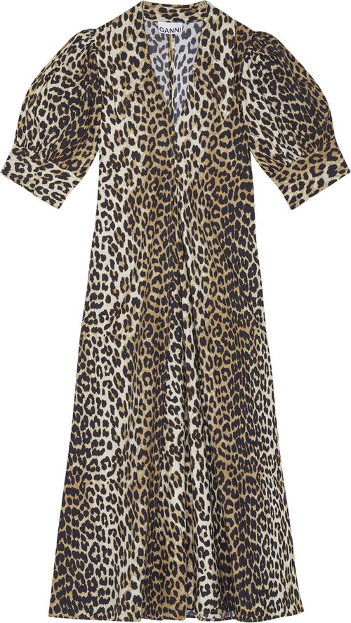 Ganni Printed Cotton Poplin V-neck Long D Leopard