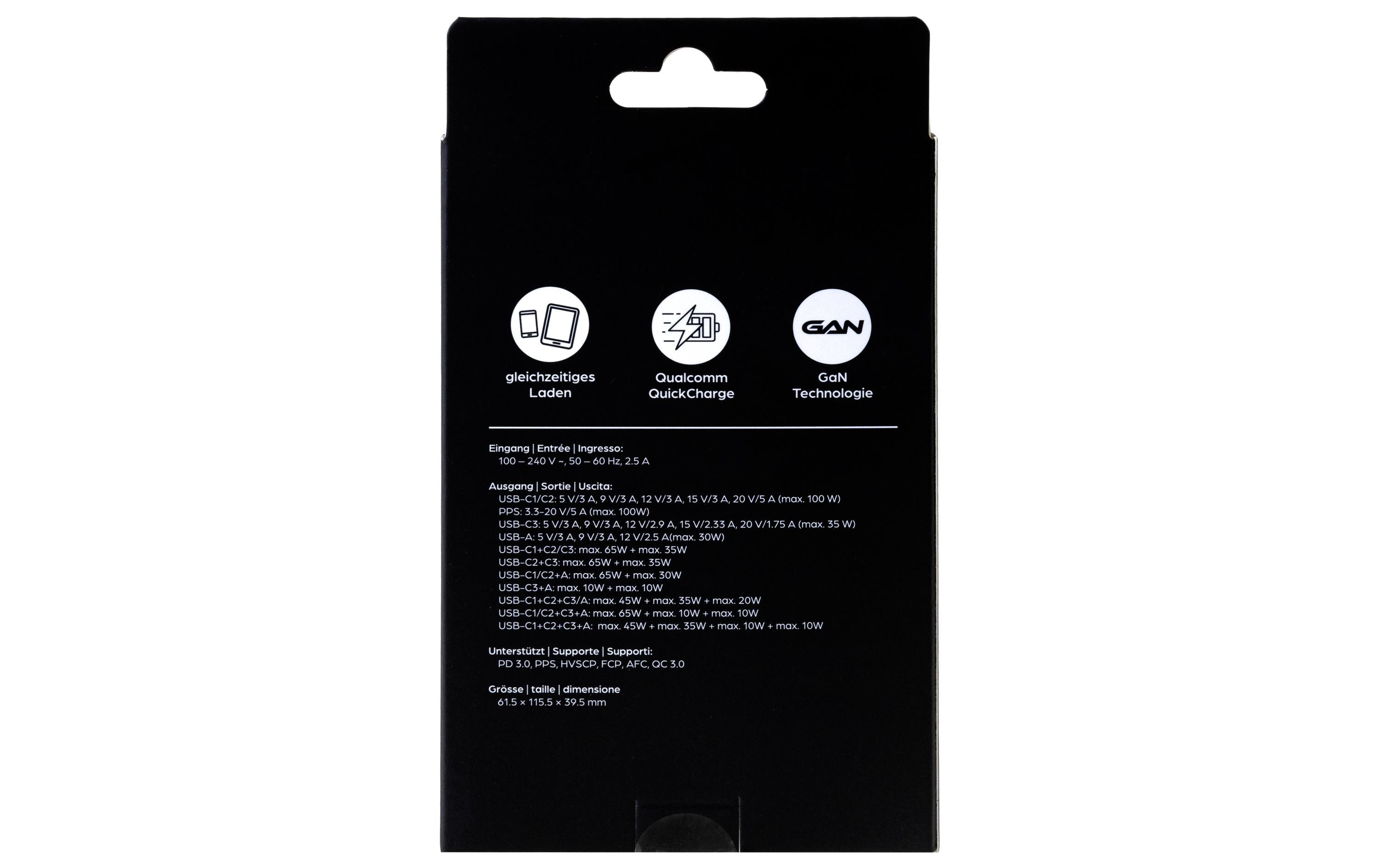USB-Wandladegerät Quad 3C1A 100 W GaN SchwarzLadeadapter mit drei USB-C-Ports und einem USB-A-Port