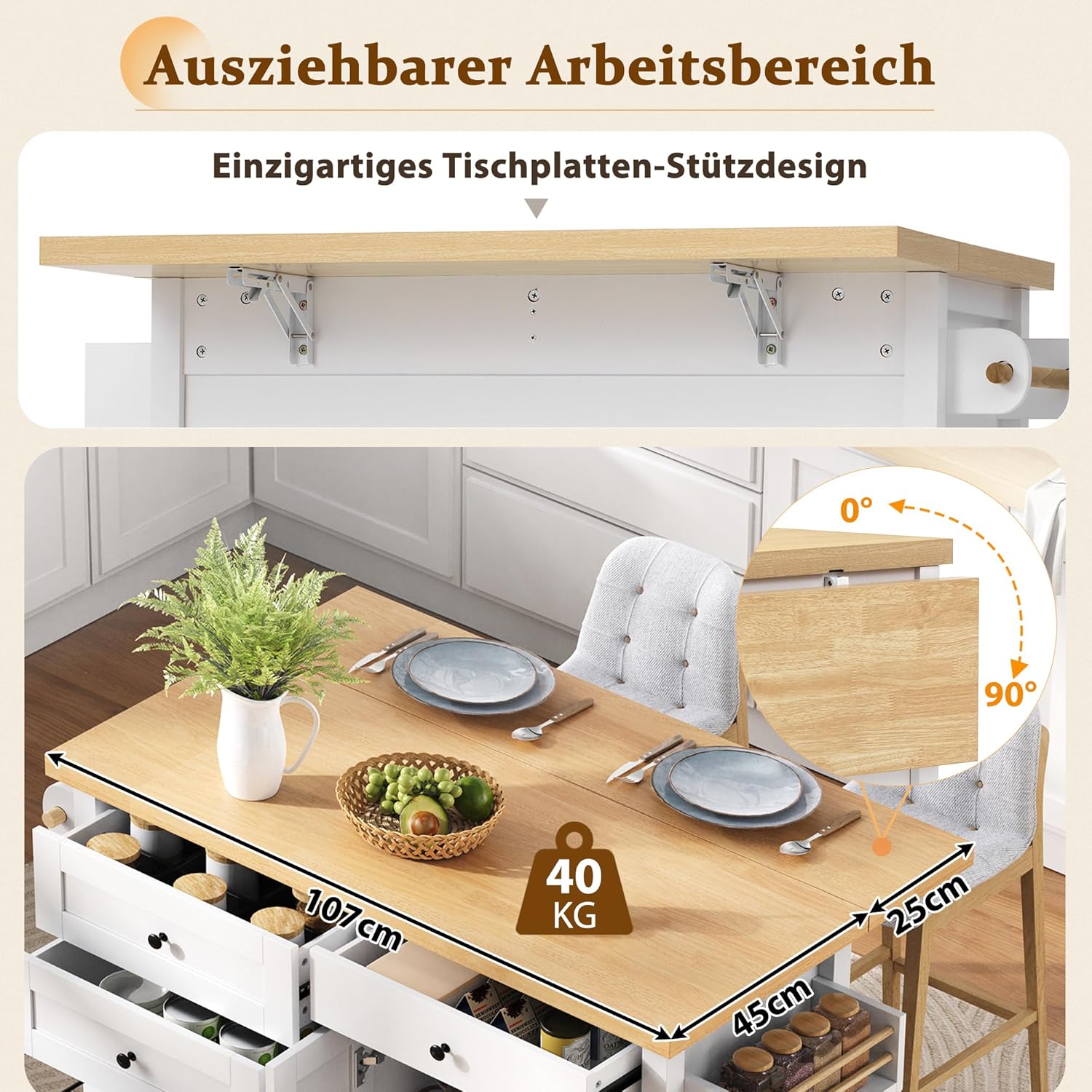 Küchenwagen mit 5 Rollen,Kücheninsel mit Klappbaren Arbeitsplatte,Küchenschrank mit 4 Schubladen,1 Doppeltür-Aufbewahrungsschrank,107 * 45(70)*90.5cm(L×W×H) Weiß