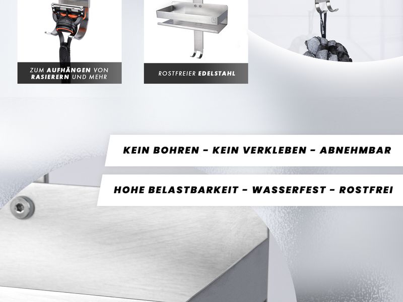 Benkstein Dusch-Organizer Silber Duschablage mit 2 Duschkörben und Haken zum Hängen
