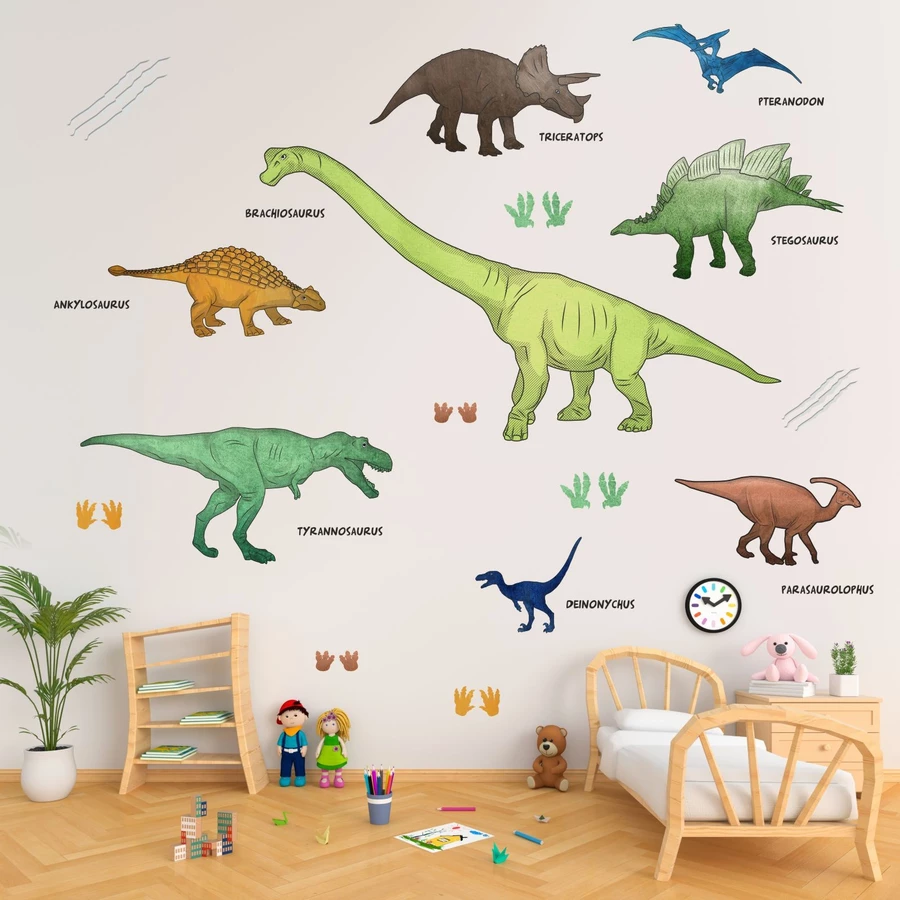 Nikima Wandtattoo 170 Dinosaurier T-Rex, Triceratops, Stegosaurus in 6 vers. Größen grün