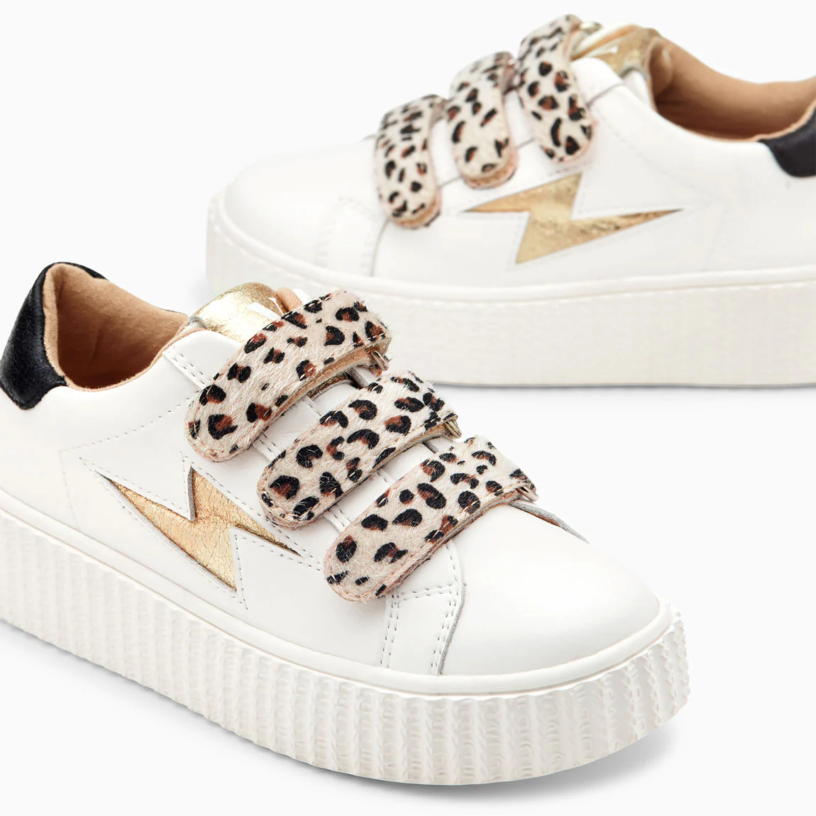 Sneakers-Baskets éclair Mini Maggie blanches à scratchs léopard