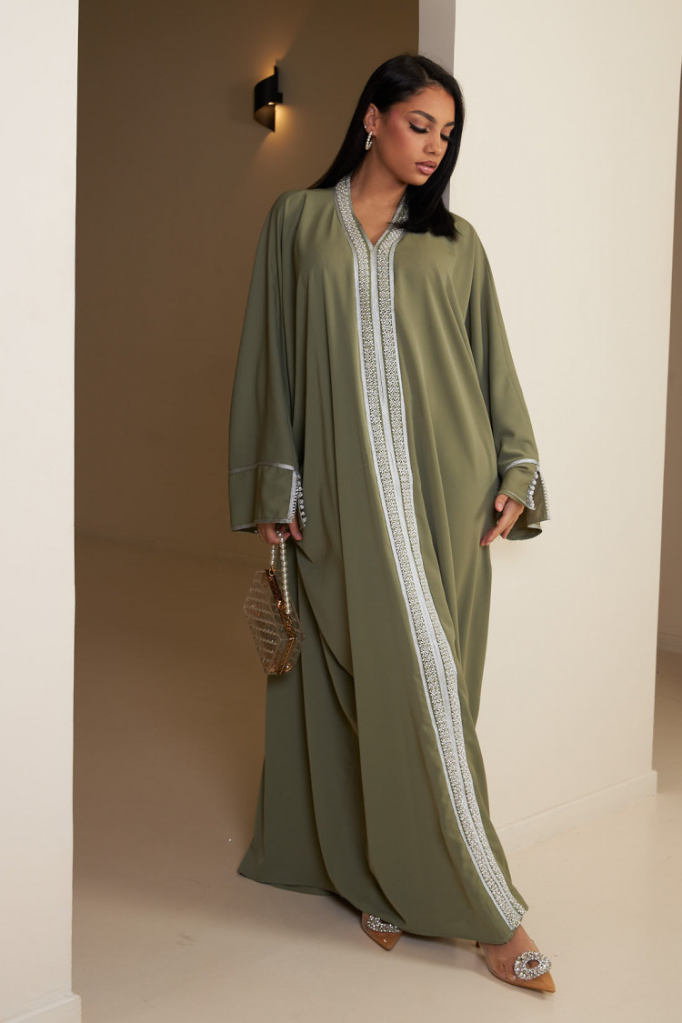 Abaya kaki à empiècement perle argenté