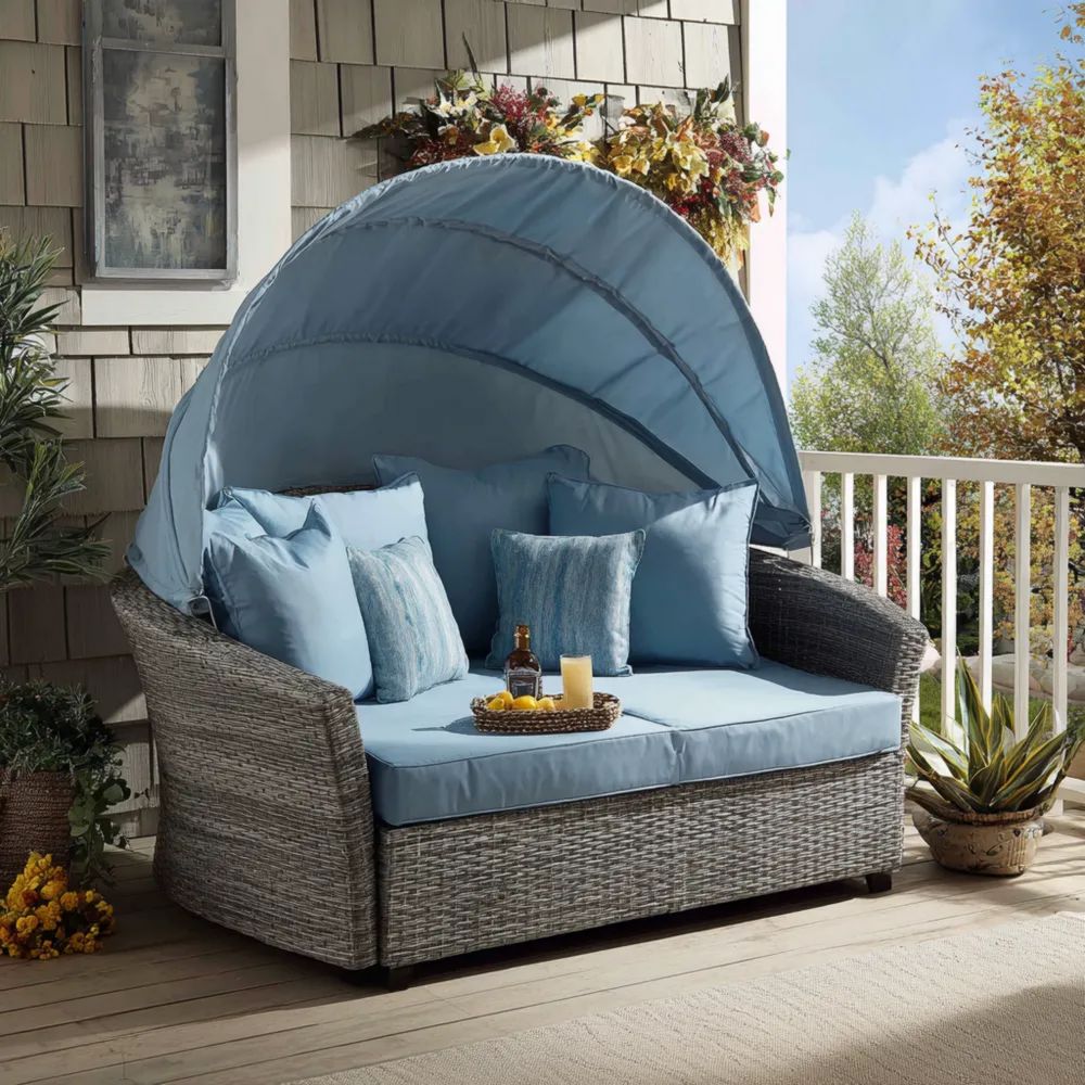 Gartenliege mit Verdeck - Rattan Geflecht - Blau - 200x145x150 cm Ents
