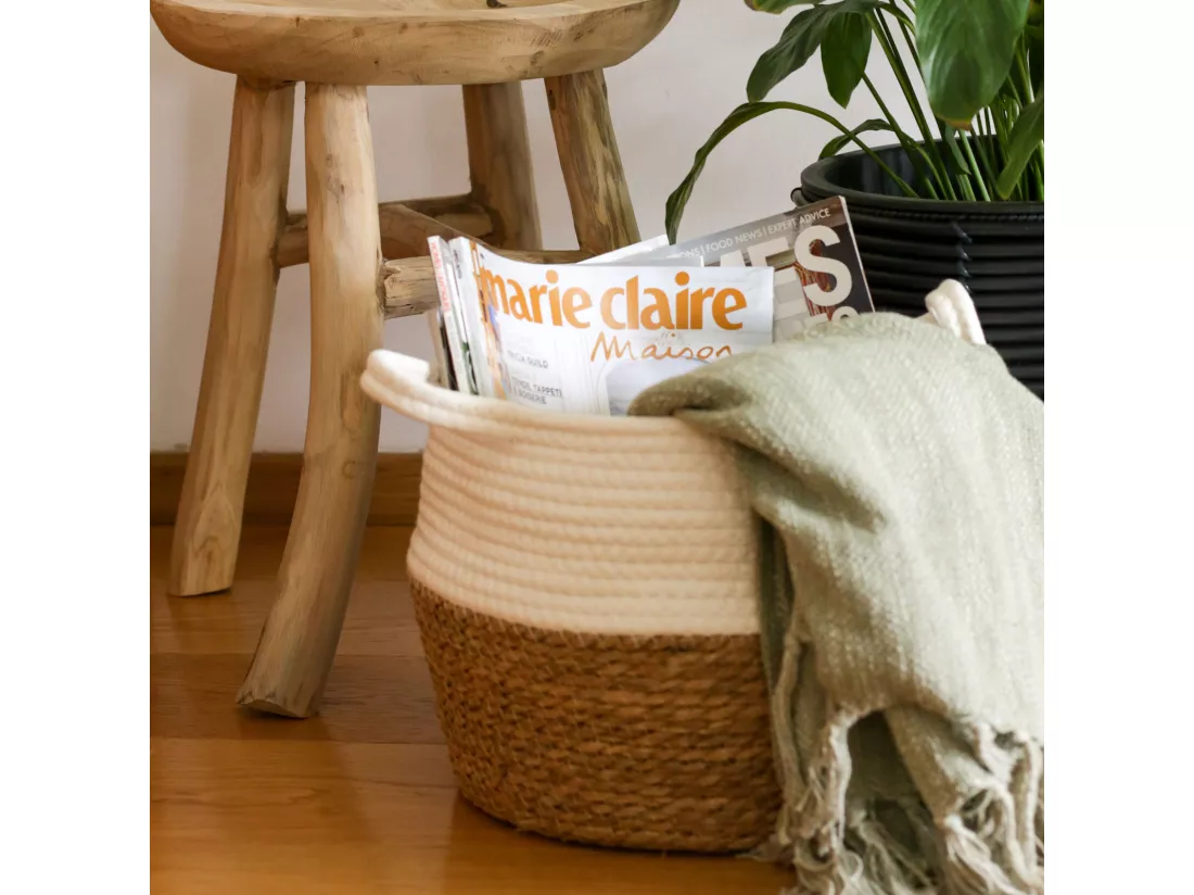 Lot de 2 Paniers à linge Polyvalents Blancs Marrons Coton Paille