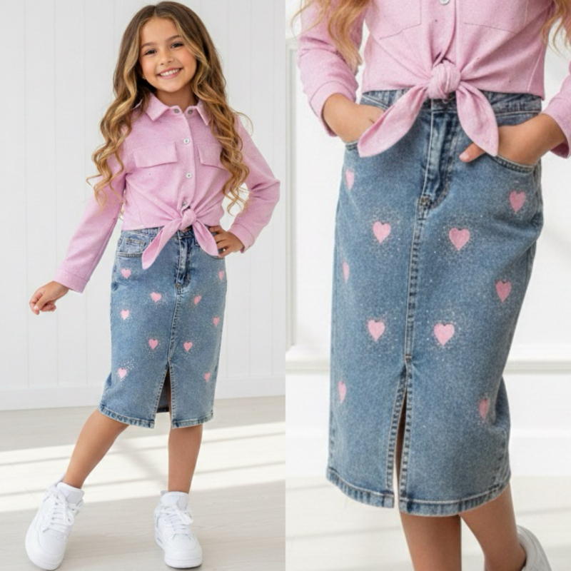 Denim with pink hearts skirt