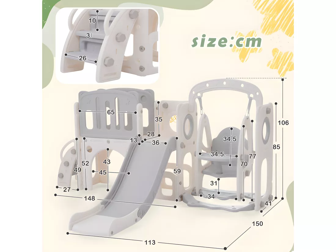 Toboggan pour enfants 7 en 1 - composé d'un toboggan, d'une balançoire, d'un panier de basket, d'un escalier, d'un tunnel, d'un passerelle et d'un rangement - Polyéthylène - Gris clair