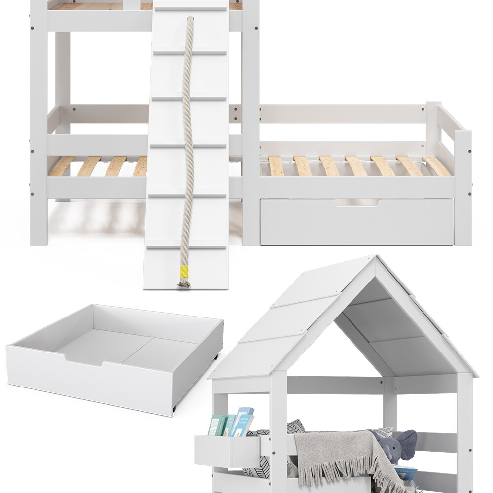 VitaliSpa Spielturmbett Kinderbett Spielbett Teddy Weiß modern 208x235 cm Massivholz Kinderzimmer Lattenrost Bett Schublade Abenteuerbett Kletterbett