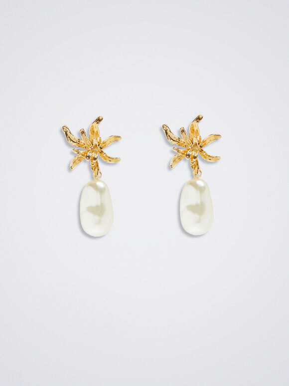 Brincos de flor com pérola - Dourado